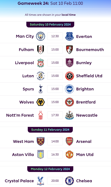 FPL Gameweek 23 Fixtures